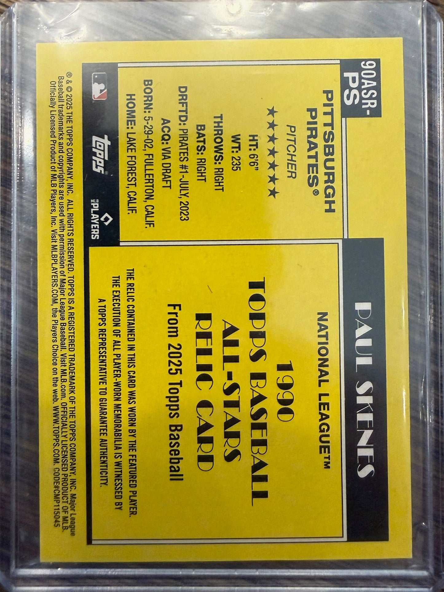 Paul Skenes - 2025 Topps - 1990 All-Stars Relic - Pittsburgh Pirates