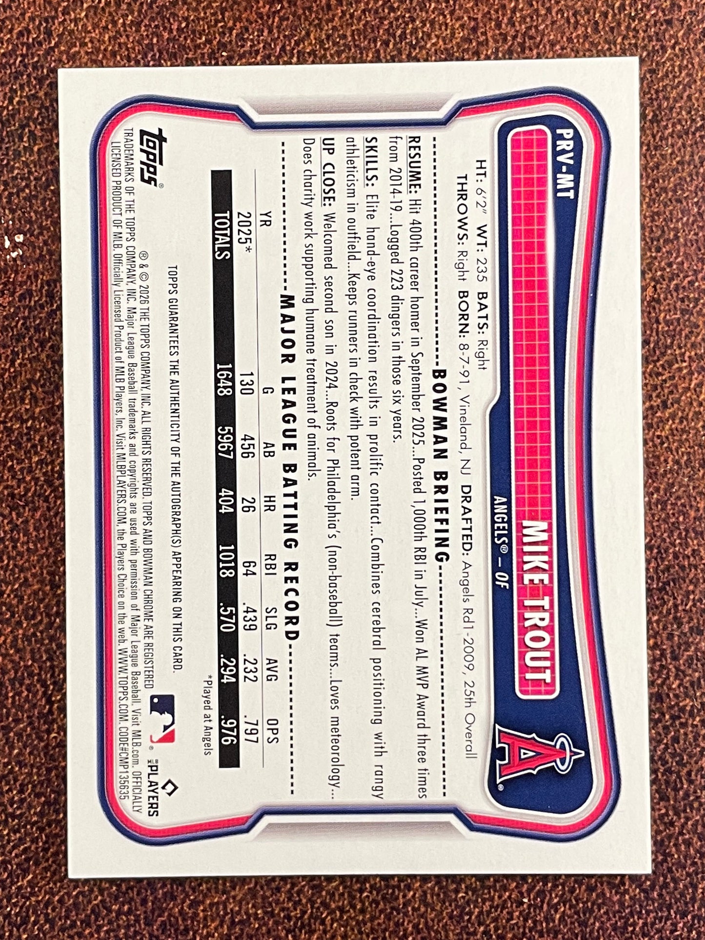 Mike Trout - 2026 Bowman - ORANGE Paper AUTO /25 - Angels