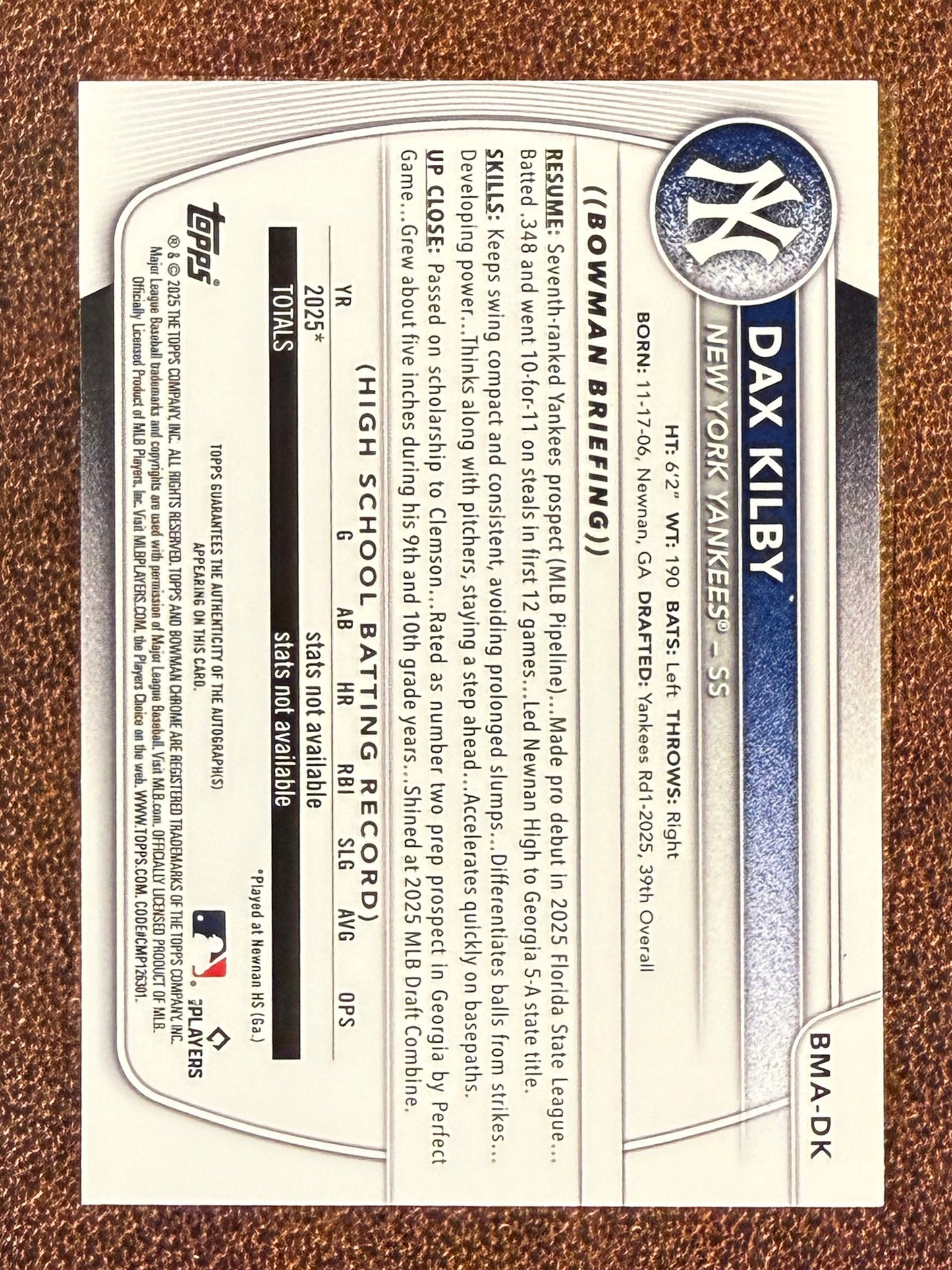 Dax Kilby - 2025 Bowman Chrome Draft - ORANGE Mojo AUTO /25 - Yankees