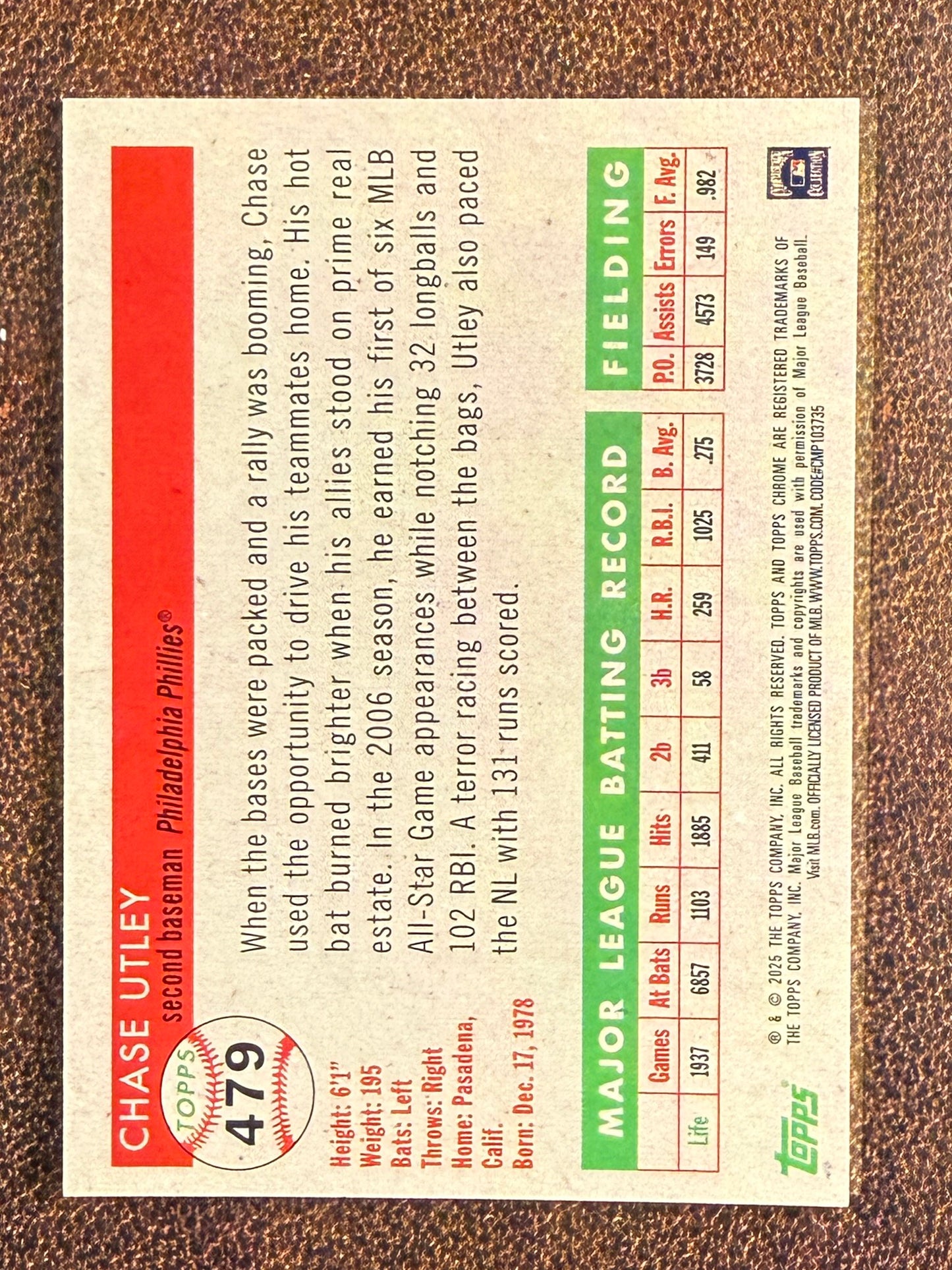 Chase Utley - 2025 Topps Chrome Platinum - RED Refractor /5 - Phillies