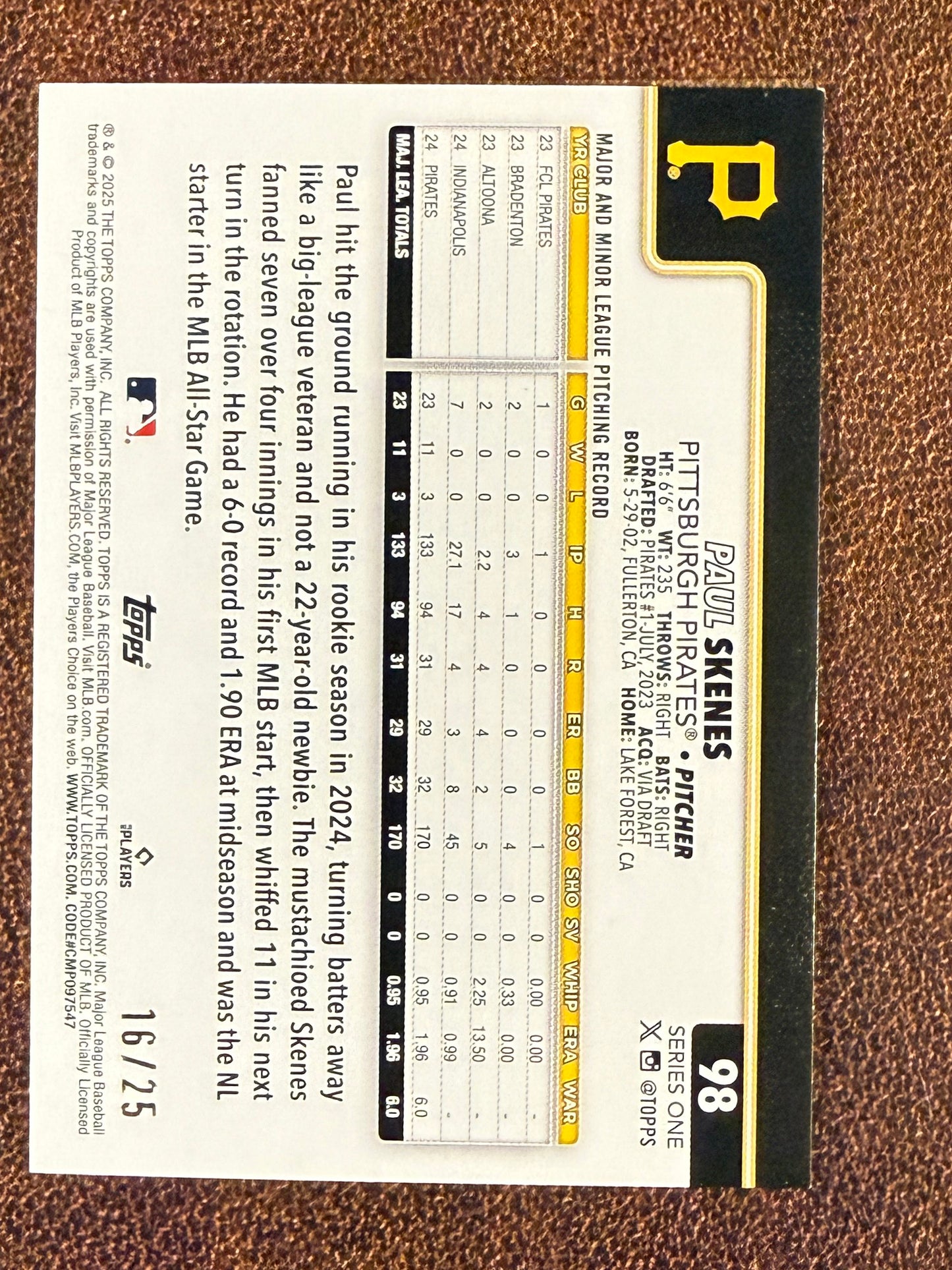 Paul Skenes - 2025 Topps Series 1 - ORANGE Palm Trees /25 (Slight Back Top Corner Whiting) - Pirates