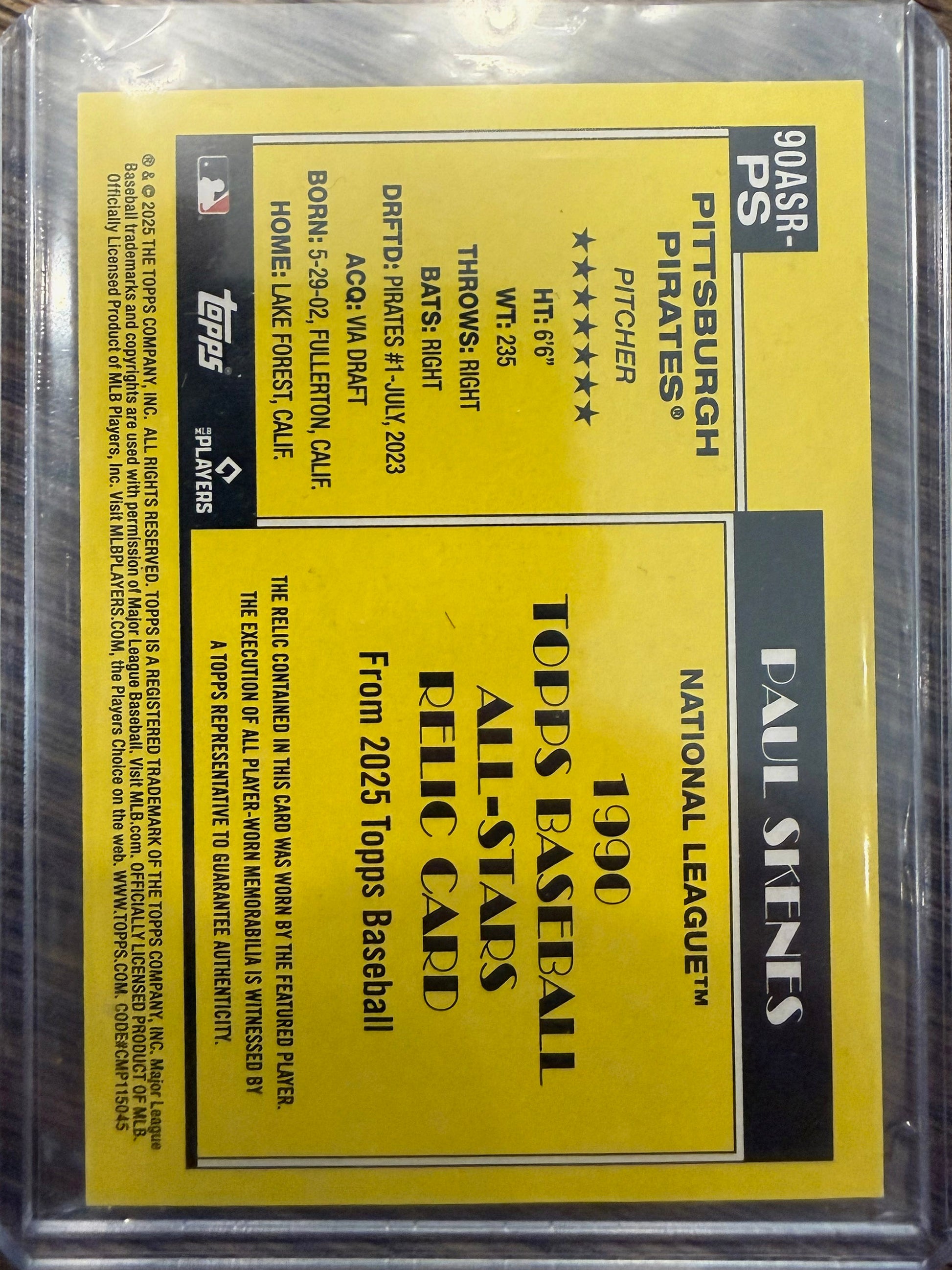 Paul Skenes - 2025 Topps - 1990 All-Stars Relic - Pittsburgh Pirates