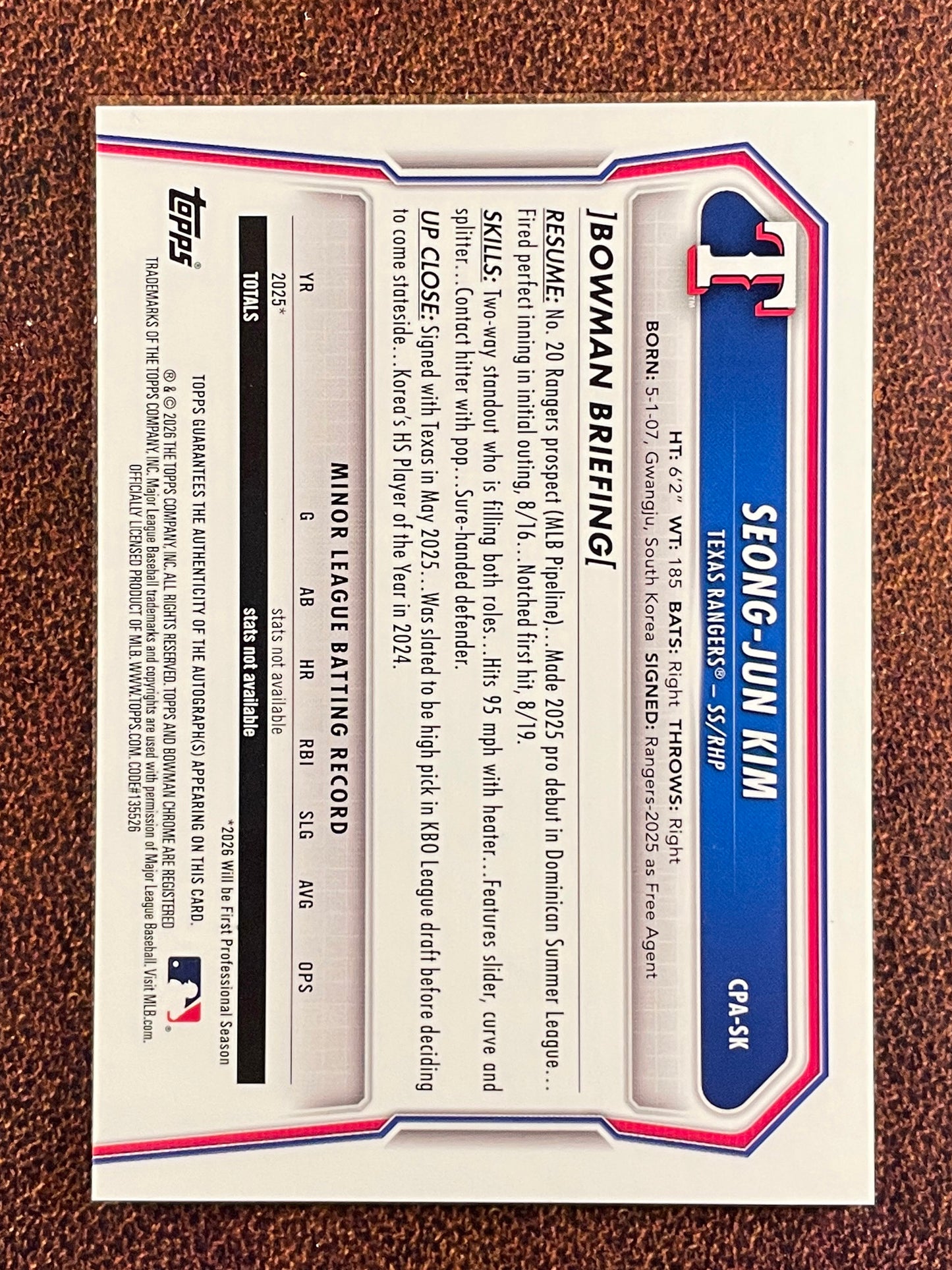 Seong Jun Kim - 2026 Bowman - GREEN Lava Refractor 1st Bowman AUTO /99 - Rangers