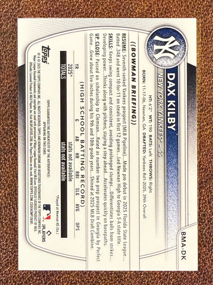 Dax Kilby - 2025 Bowman Chrome Draft - ORANGE Mojo AUTO /25 - Yankees