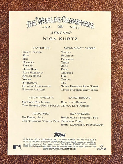 Nick Kurtz - 2025 Allen & Ginter - ORANGE Rookie Refractor 25/25 (Bookend) - Athletics