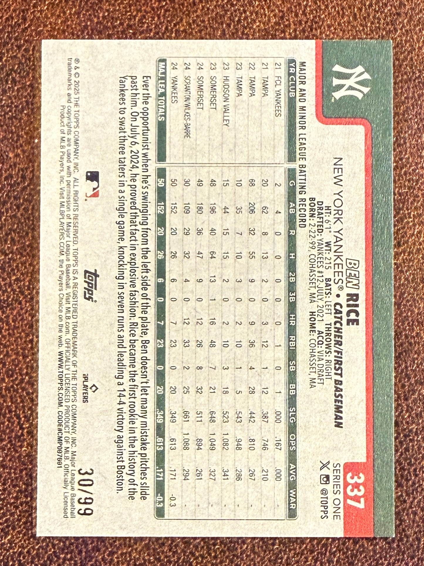 Ben Rice - 2025 Topps Series 1 - Vintage Stock /99 - Yankees