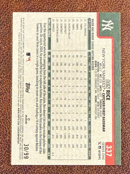 Ben Rice - 2025 Topps Series 1 - Vintage Stock /99 - Yankees