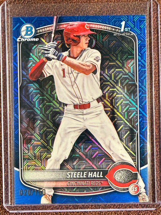 Steele Hall - 2025 Bowman Chrome Draft - BLUE 1st Bowman Mojo /150 - Reds