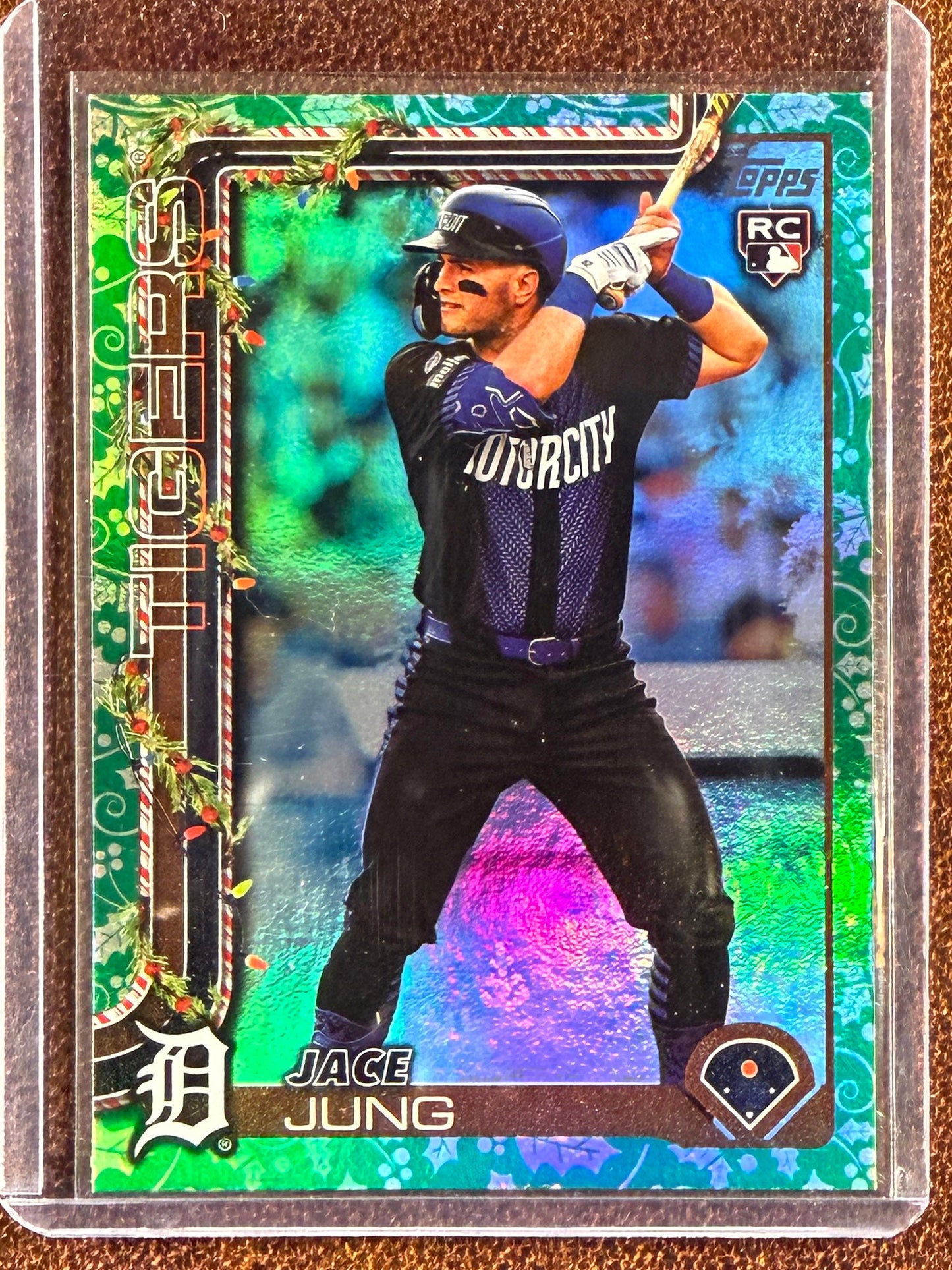 Jace Jung - 2025 Topps Holiday - Rookie Stocking Stuffer Green Holly Foil Border SSP (PR: 10) - Tigers