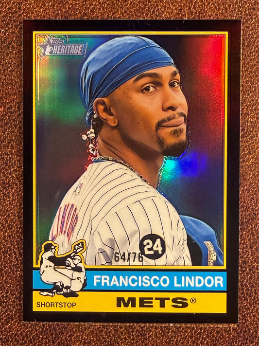 Franciso Lindor - 2025 Topps Heritage - BLACK Chrome Refractor /76 - Mets
