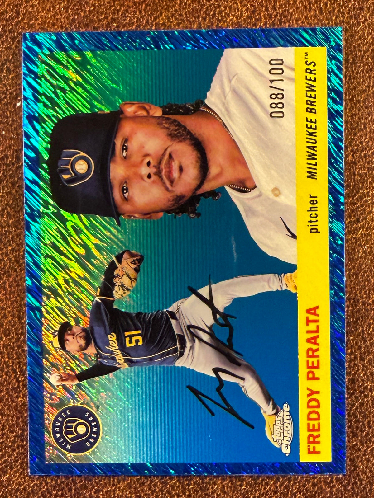 Freddy Peralta - 2025 Topps Chrome Platinum - BLUE Shimmer Refractor /100 - Brewers
