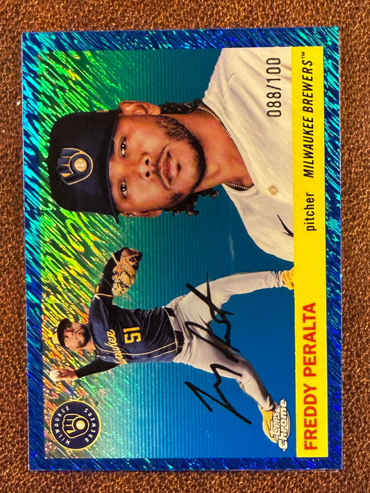 Freddy Peralta - 2025 Topps Chrome Platinum - BLUE Shimmer Refractor /100 - Brewers