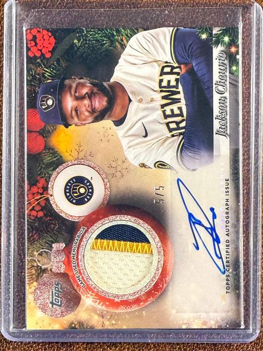 Jackson Chourio - 2025 Topps Holiday - PATCH AUTO Red Glitter /5 - Brewers