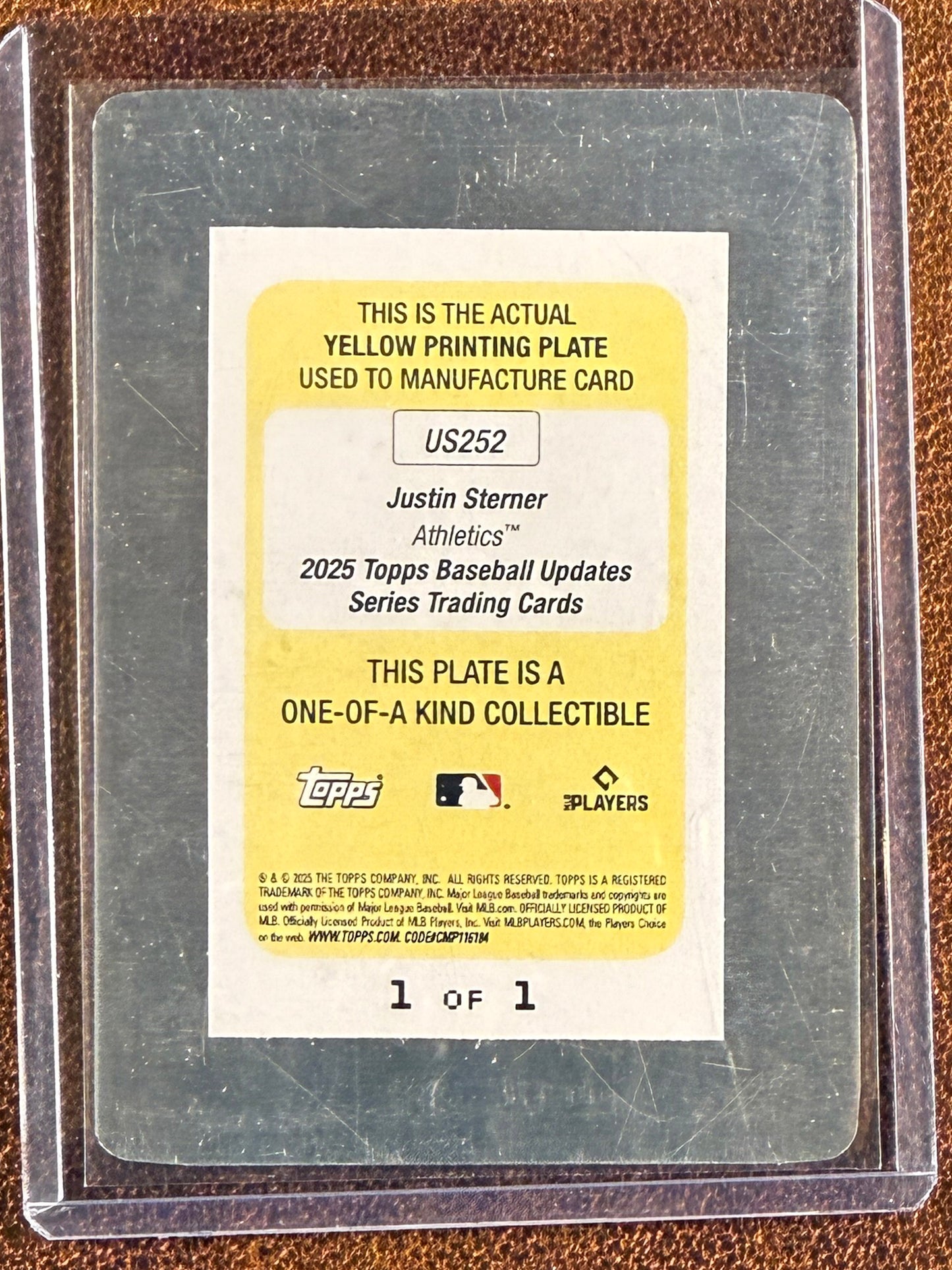 Justin Sterner - 2025 Topps Update - 1/1 Yellow Printing Plate - Athletics