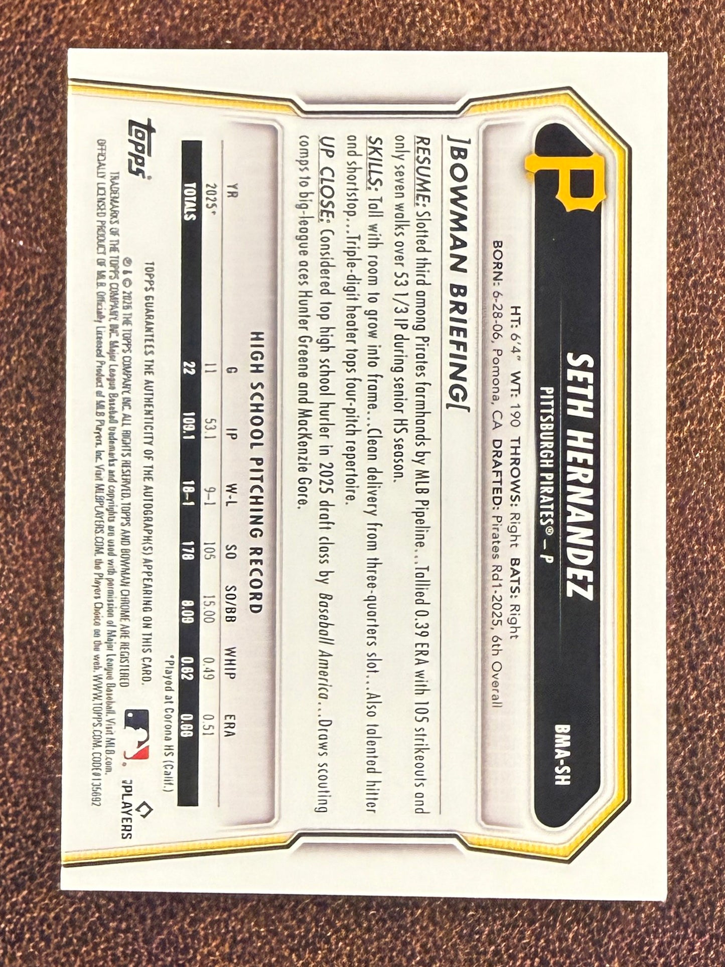 Seth Hernandez - 2026 Bowman - GREEN MOJO AUTO /99 (*Bottom Corner Issue*) - Pirates