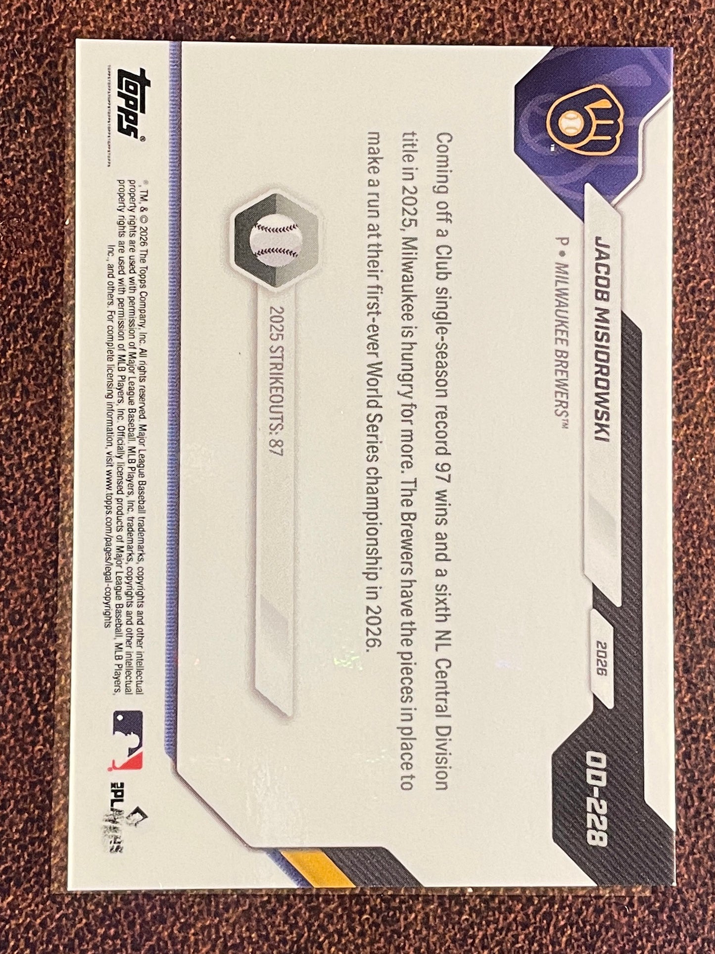 Jacob Misiorowski - 2026 Topps Now Road to Opening Day - GOLD Foil /50 - Brewers