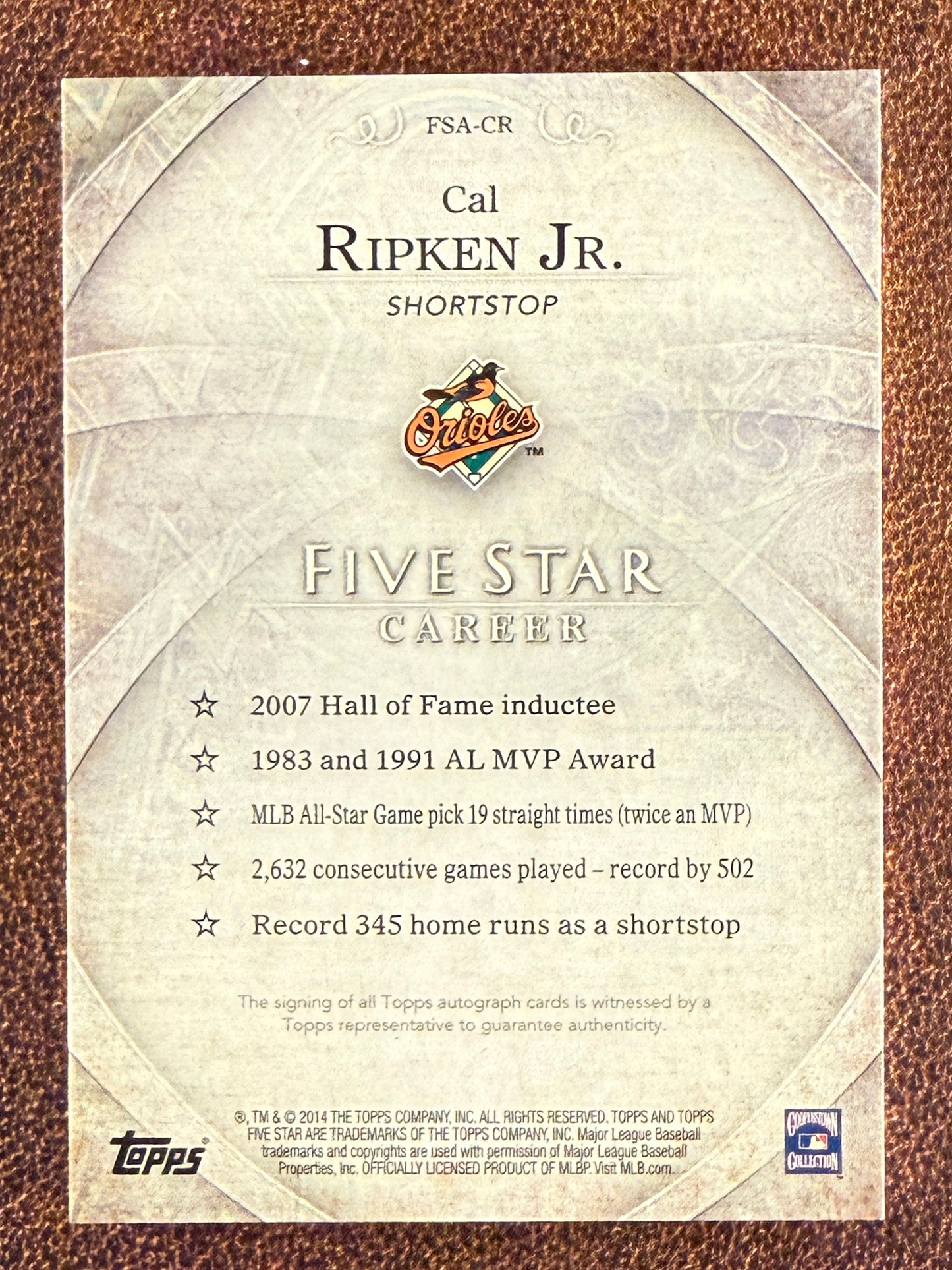 Cal Ripken Jr. - 2014 Topps Five Star - GOLD On Card AUTO /50 - Orioles