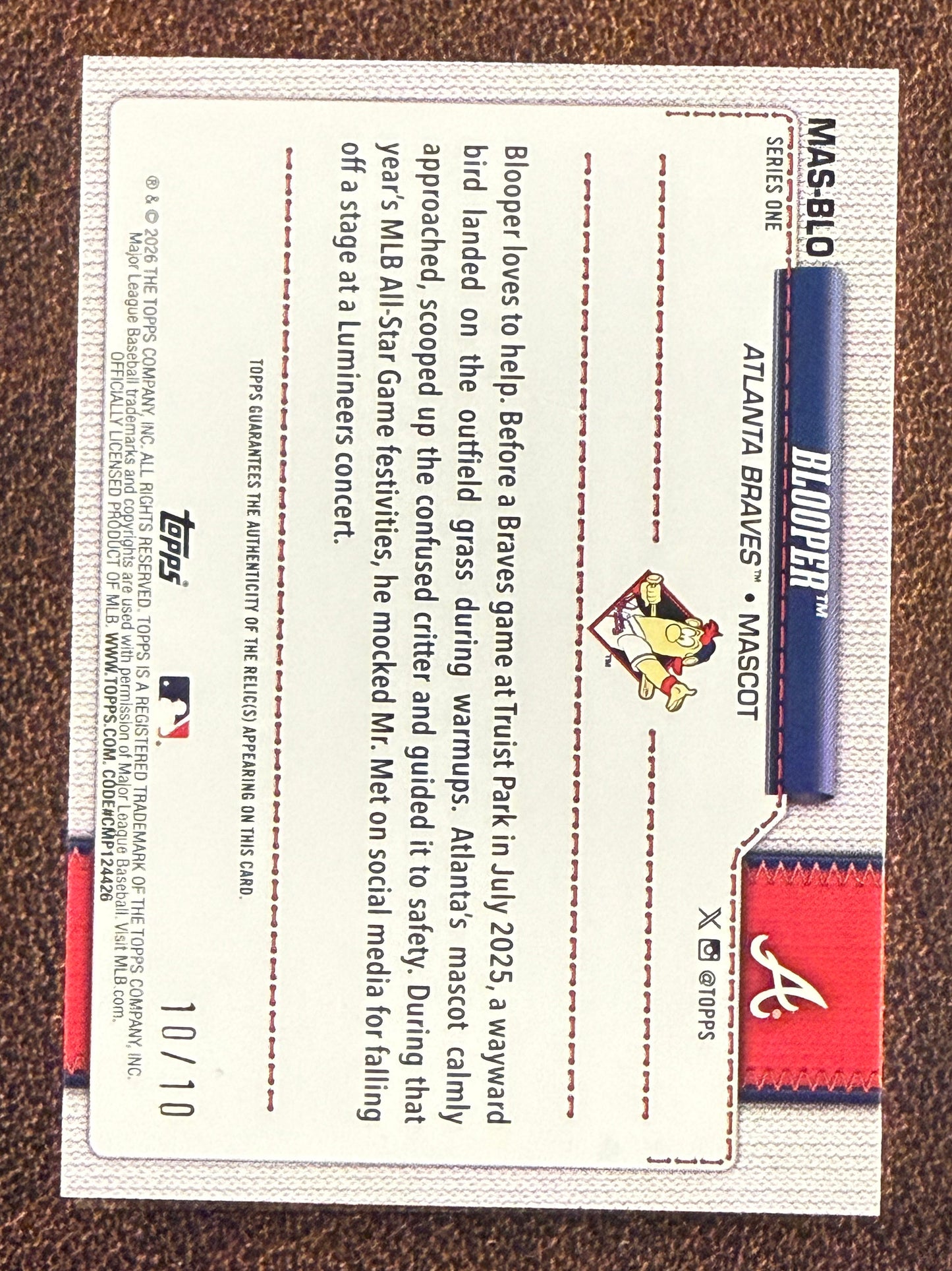 Blooper - 2026 Topps Series 1 - BLACK Mascot Worn RELIC 10/10 Bookend (*Corners*) - Braves