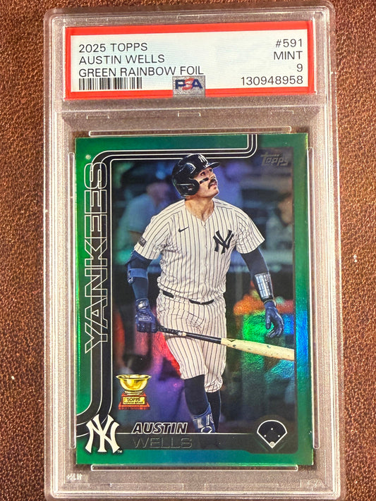 Austin Wells - 2025 Topps Series 2 - GREEN rainbow Foil /99 (PSA 9) - Yankees