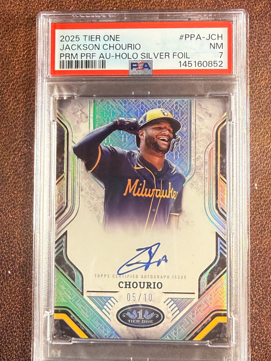 Jackson Chourio - 2025 Topps Tier One - Silver Foil Prime AUTO /10 (PSA 7) - Brewers