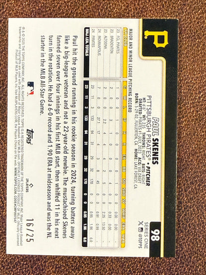 Paul Skenes - 2025 Topps Series 1 - ORANGE Palm Trees /25 (Slight Back Top Corner Whiting) - Pirates