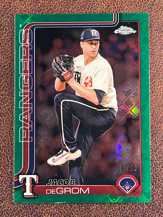 Jacob deGrom - 2025 Topps Chrome - GREEN Logofoil /99 (Bottom Edge Issue*) - Rangers