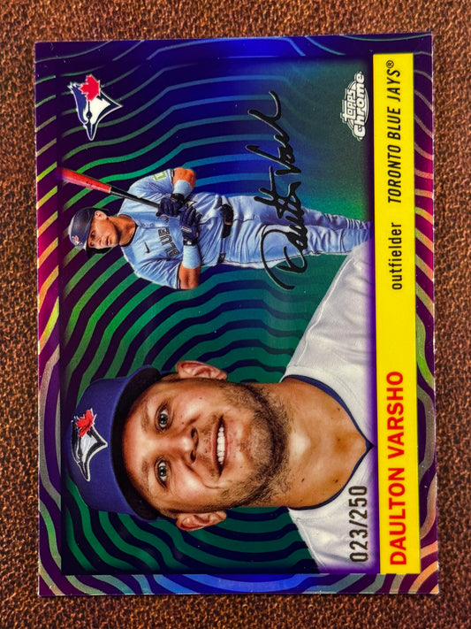 Daulton Varsho - 2025 Topps Chrome Platinum - PURPLE Vibrations Refractor /250 - Blue Jays