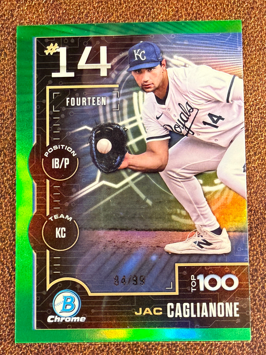 Jac Caglianone - 2025 Bowman Chrome - Scout's Top 100 GREEN /99 - Royals