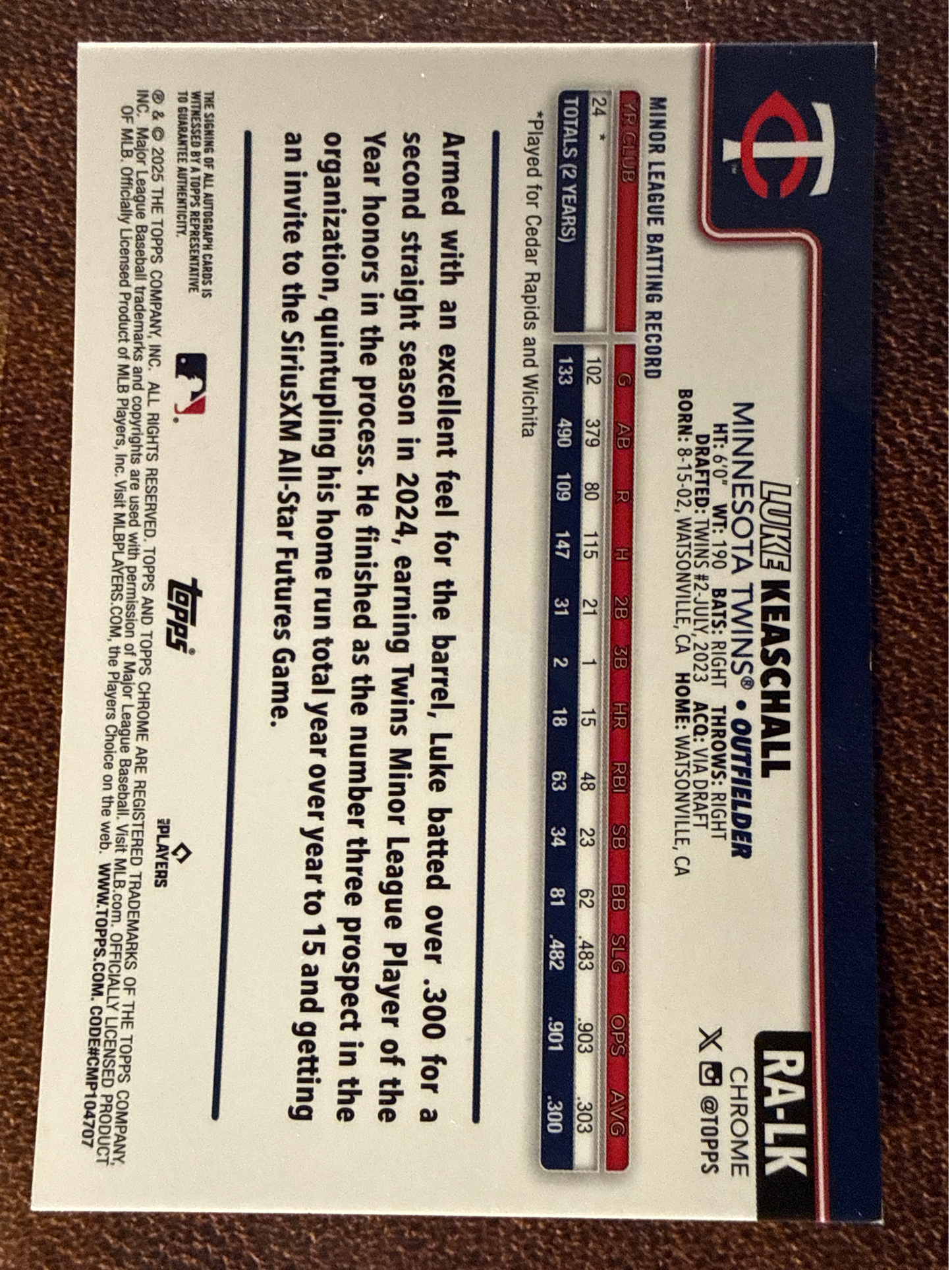 Luke Keaschall - 2025 Topps Chrome Update  - GOLD AUTO /50 (*Back Corner Whiting*) - Twins